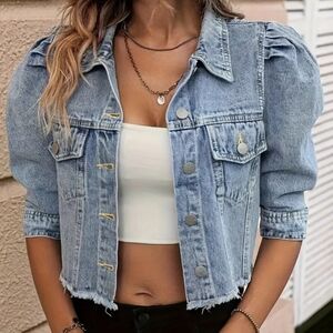 EUC Puff sleeve denim crop jean jacket 3XL